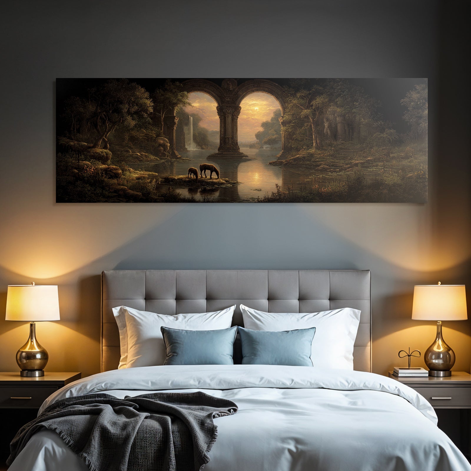 Ruhige Fantasie Landschaft Mit Pferden Und Wasserfall