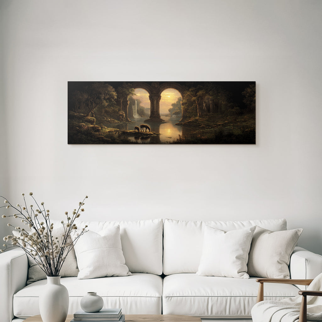 Ruhige Fantasie Landschaft Mit Pferden Und Wasserfall