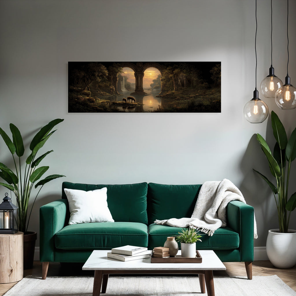 Ruhige Fantasie Landschaft Mit Pferden Und Wasserfall