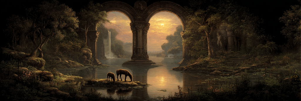 Ruhige Fantasie Landschaft Mit Pferden Und Wasserfall | Klassisch | Einrichtungsstile