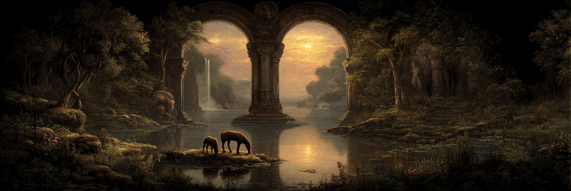 Ruhige Fantasie Landschaft Mit Pferden Und Wasserfall | Klassisch | Einrichtungsstile