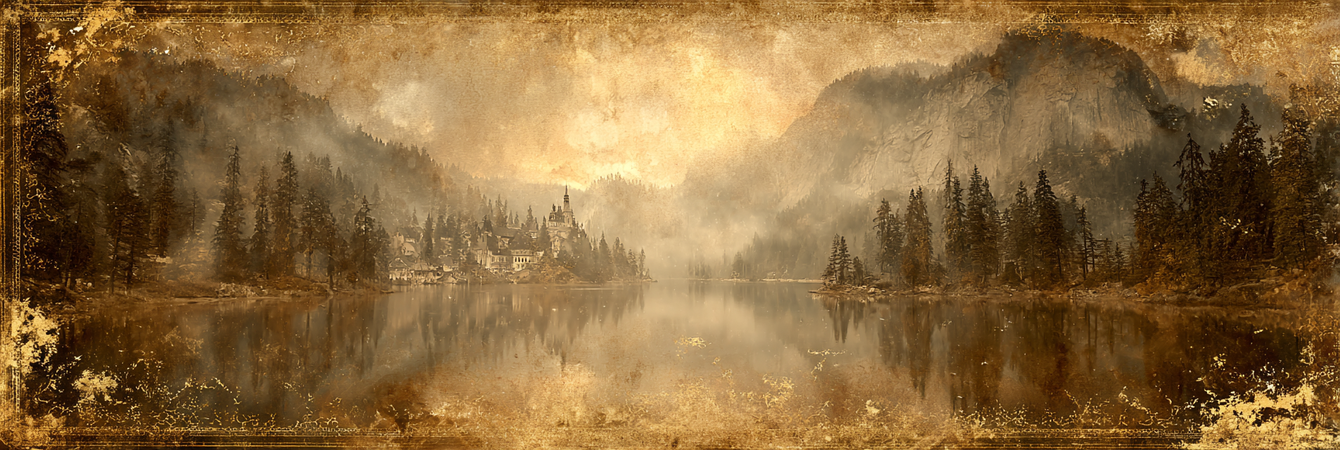 Ruhige Landlandschaft Mit See Und Burg Mit Nebel Umgebenerberge | Klassisch | Einrichtungsstile
