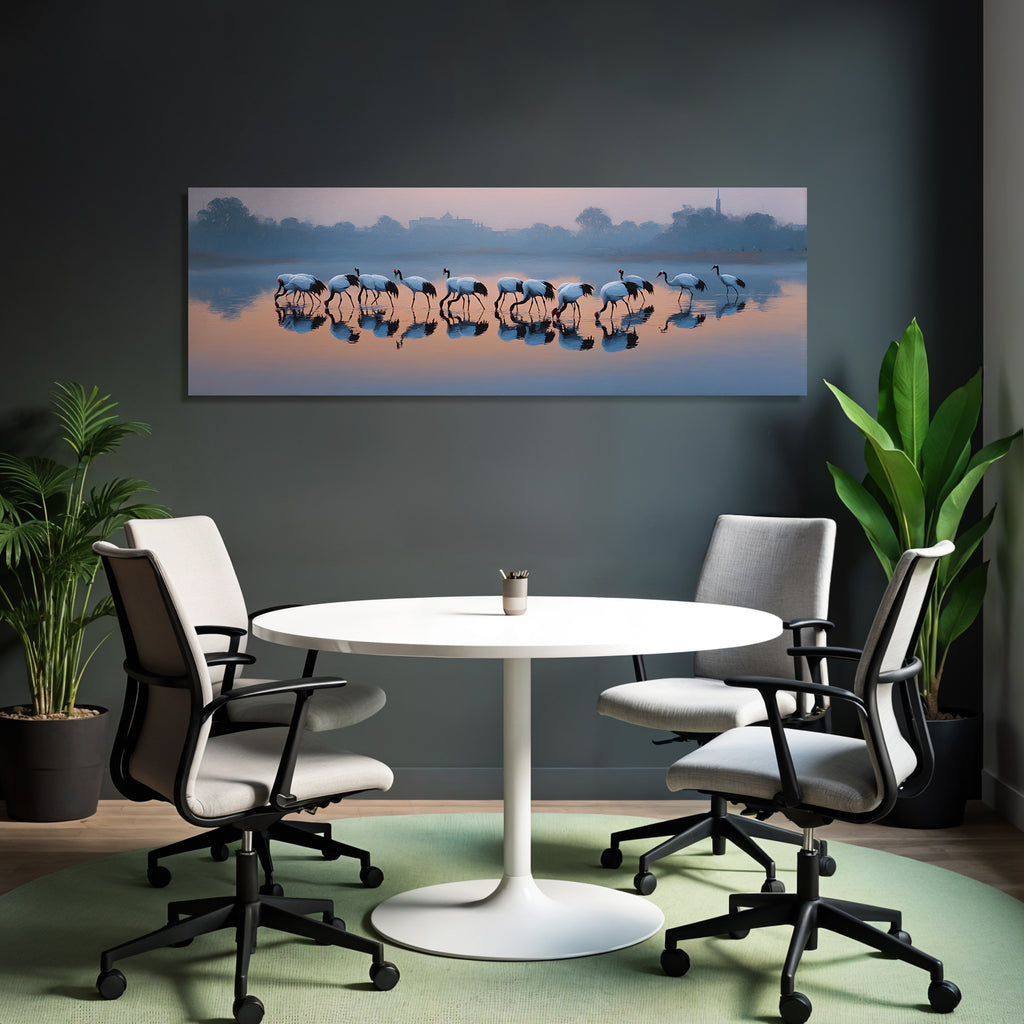 Ruhige Landschaft Cranes Im Wasser Mit Reflexionen Bei Daemmerung