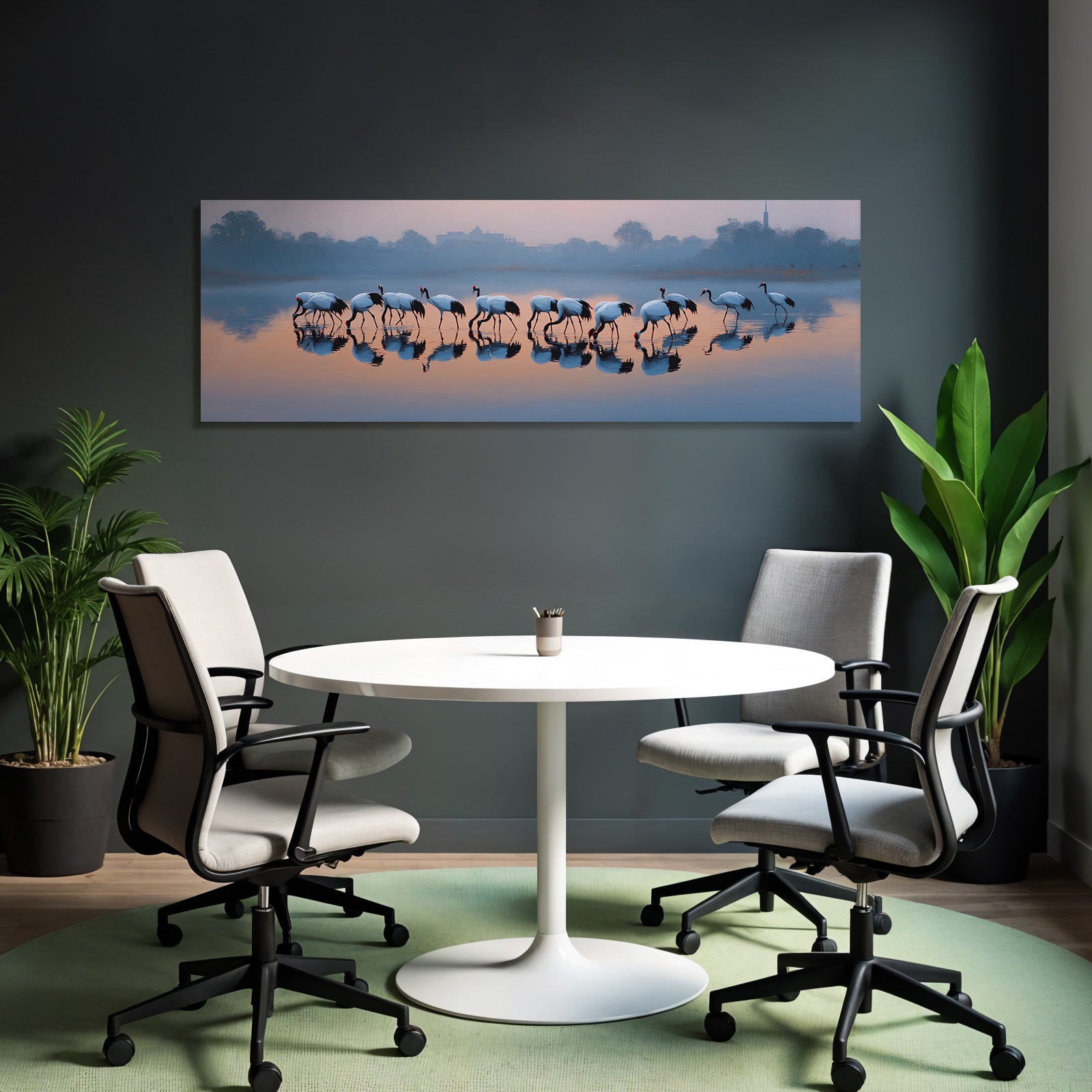 Ruhige Landschaft Cranes Im Wasser Mit Reflexionen Bei Daemmerung