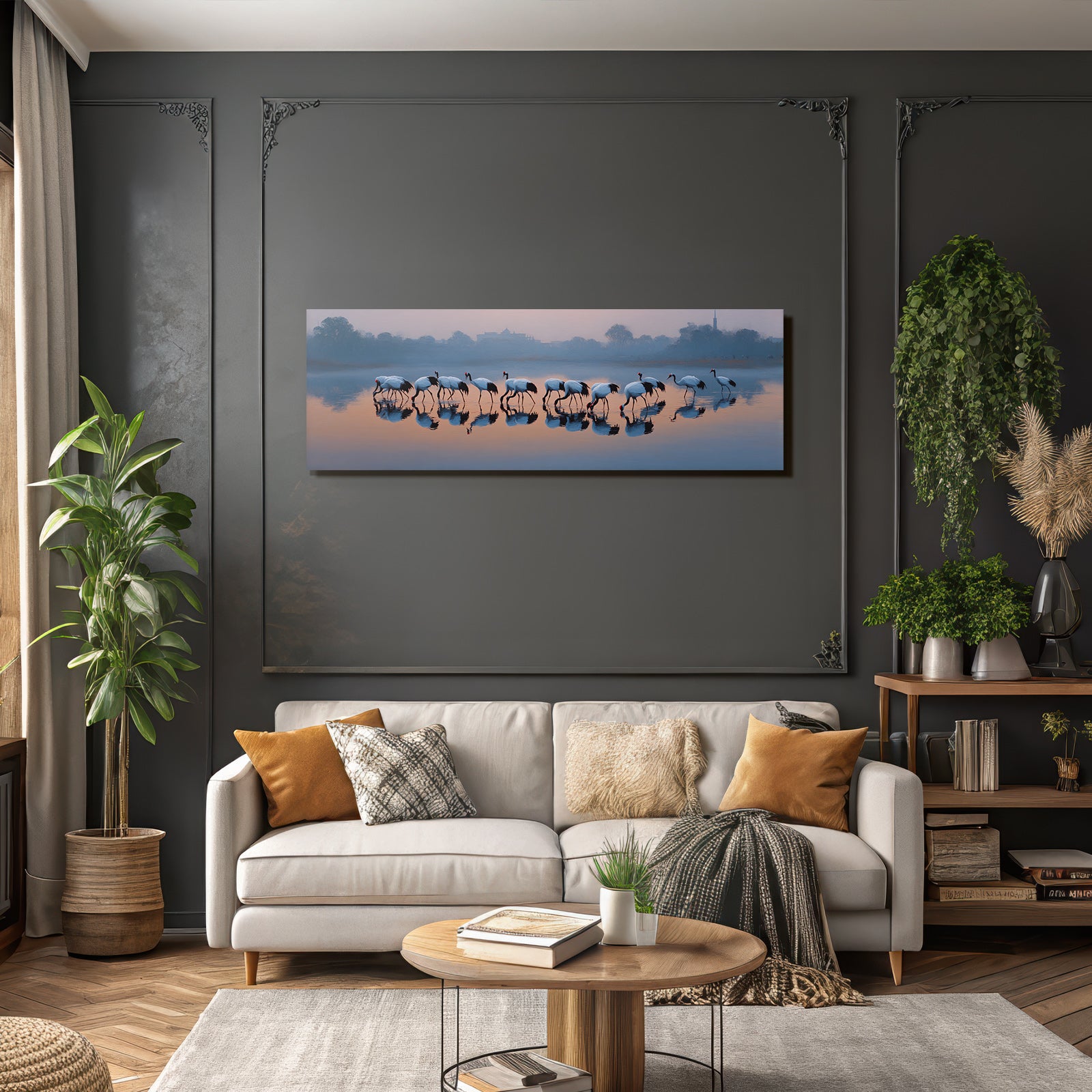 Ruhige Landschaft Cranes Im Wasser Mit Reflexionen Bei Daemmerung