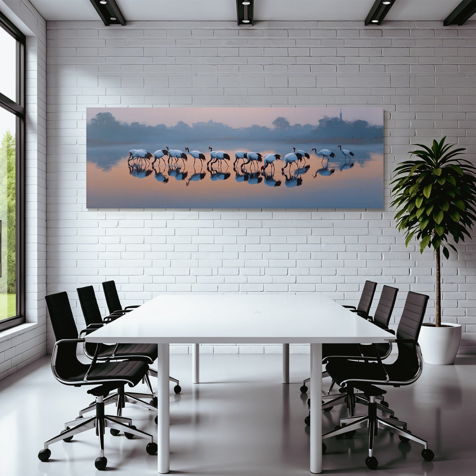 Ruhige Landschaft Cranes Im Wasser Mit Reflexionen Bei Daemmerung
