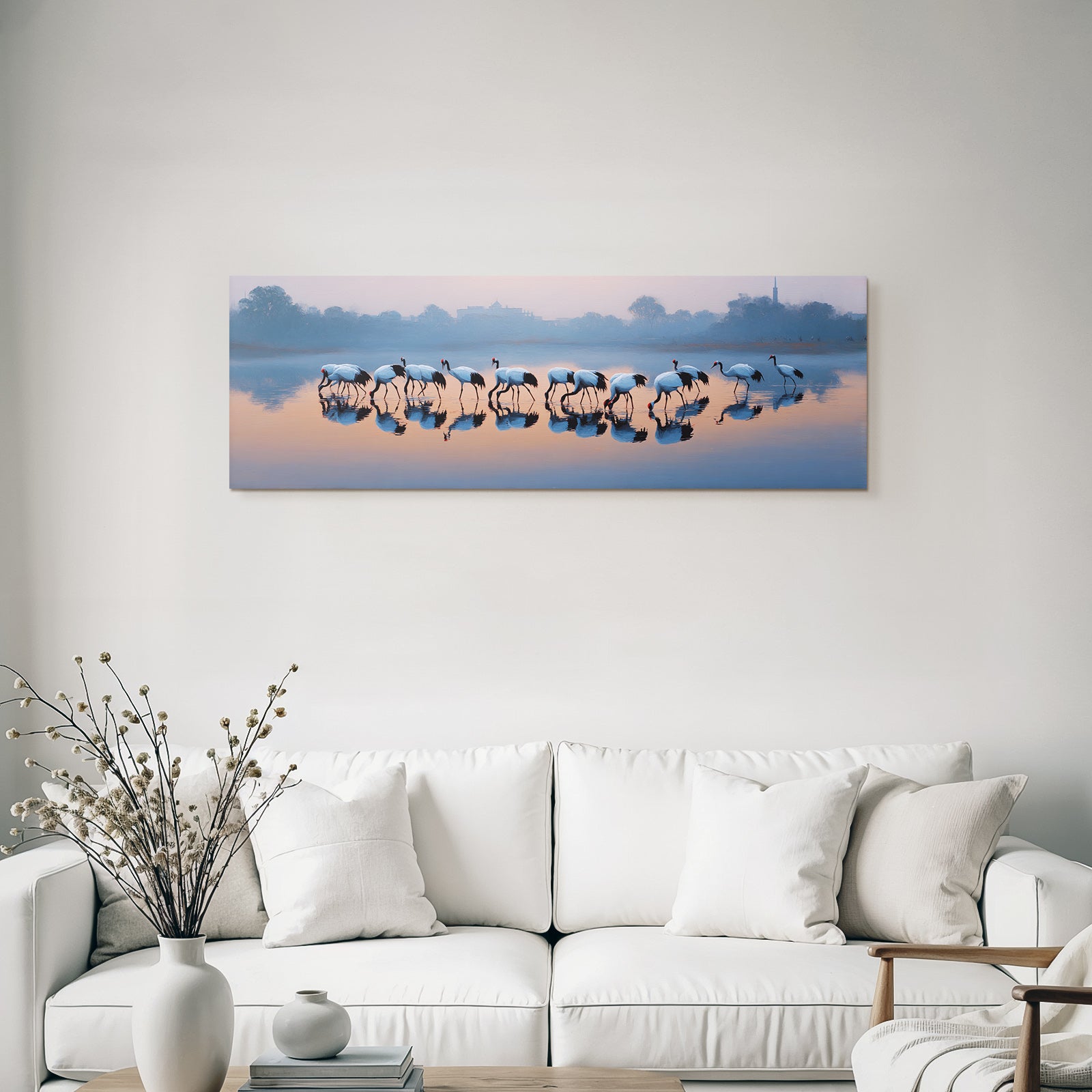 Ruhige Landschaft Cranes Im Wasser Mit Reflexionen Bei Daemmerung