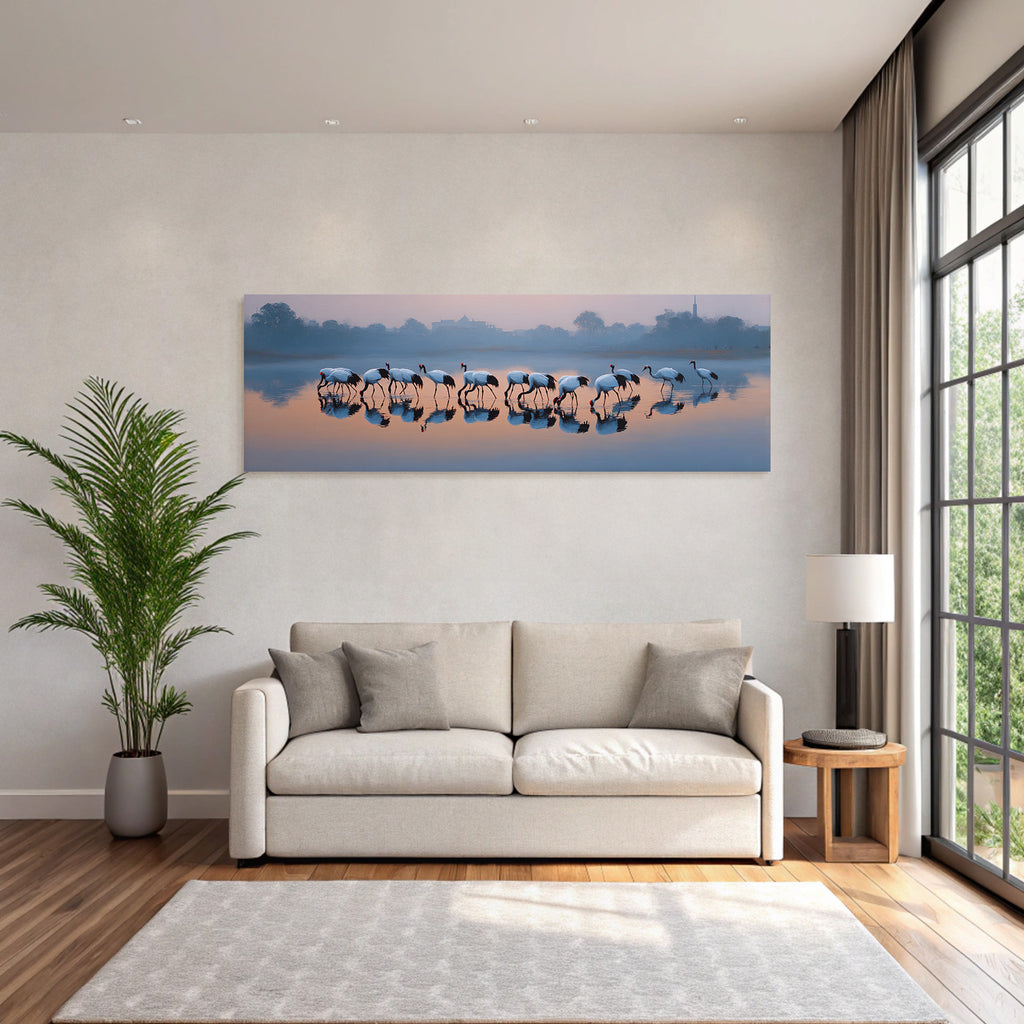 Ruhige Landschaft Cranes Im Wasser Mit Reflexionen Bei Daemmerung