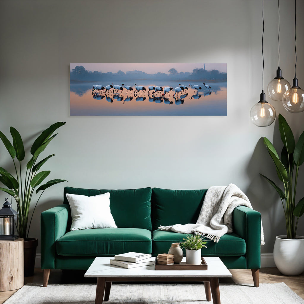 Ruhige Landschaft Cranes Im Wasser Mit Reflexionen Bei Daemmerung