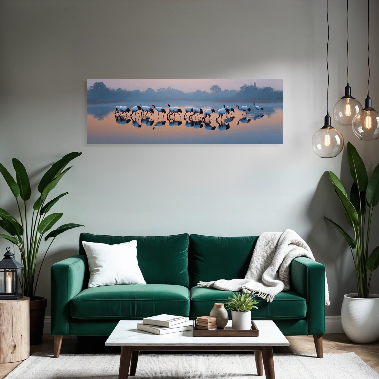 Ruhige Landschaft Cranes Im Wasser Mit Reflexionen Bei Daemmerung