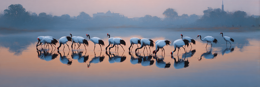 Ruhige Landschaft Cranes Im Wasser Mit Reflexionen Bei Daemmerung | Klassisch | Einrichtungsstile
