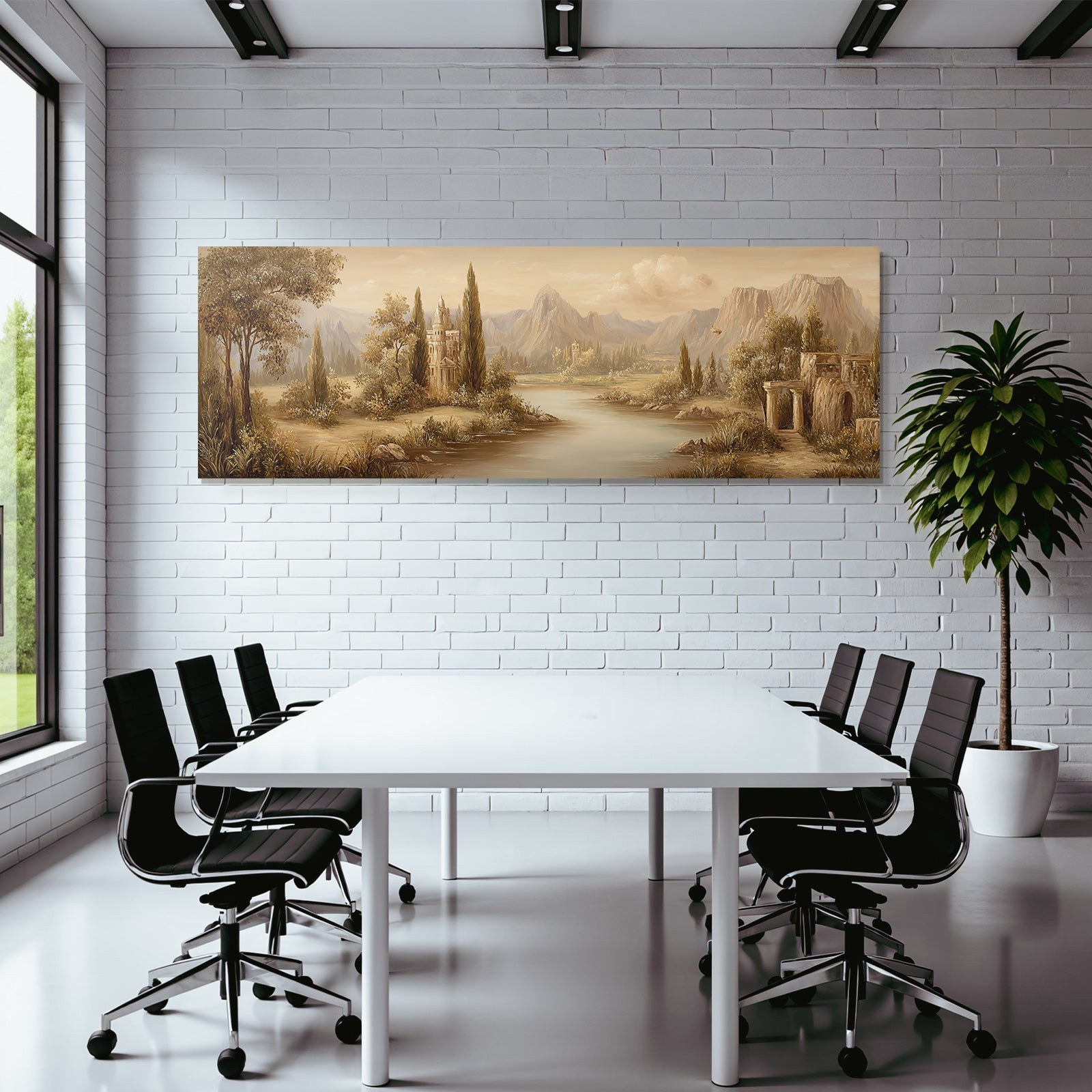 Ruhige Landschaft Mit Fluss Und Bergen E Malerei