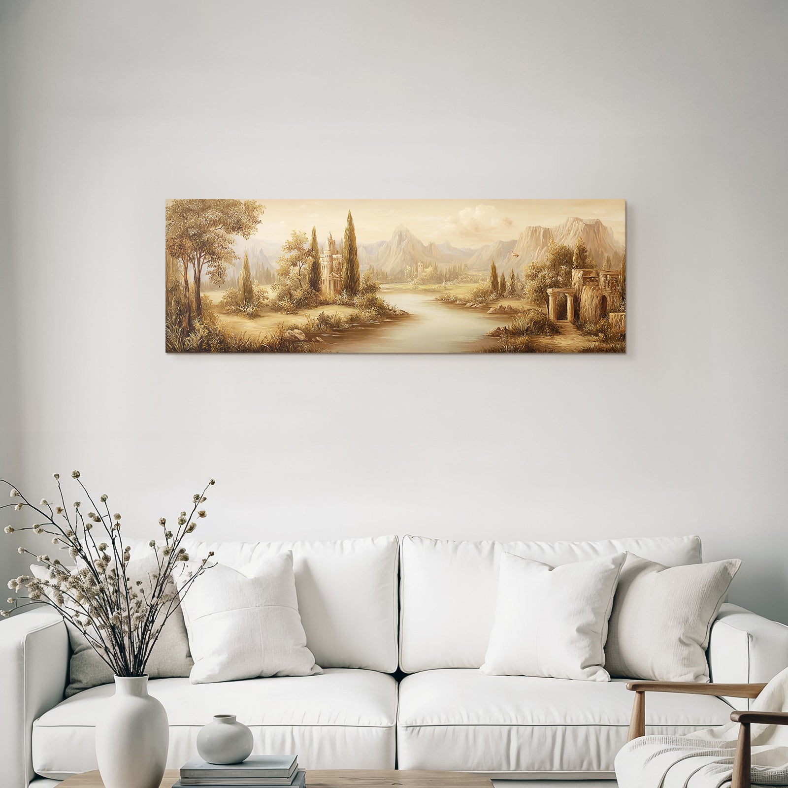 Ruhige Landschaft Mit Fluss Und Bergen E Malerei