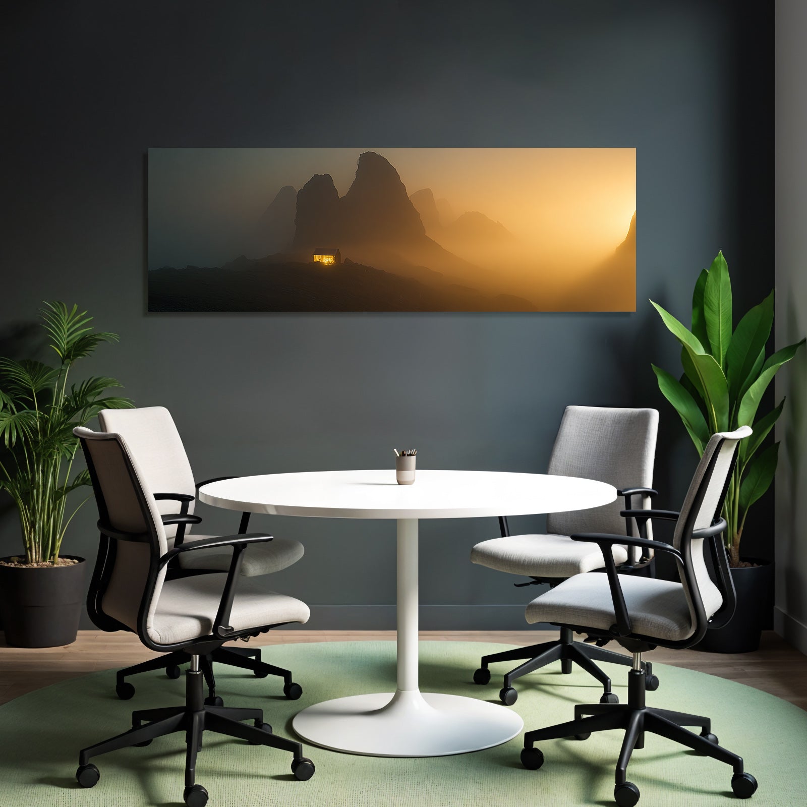 Ruhige Landschaft Mit Huette Und Bergen Im Nebel Goldenes Licht