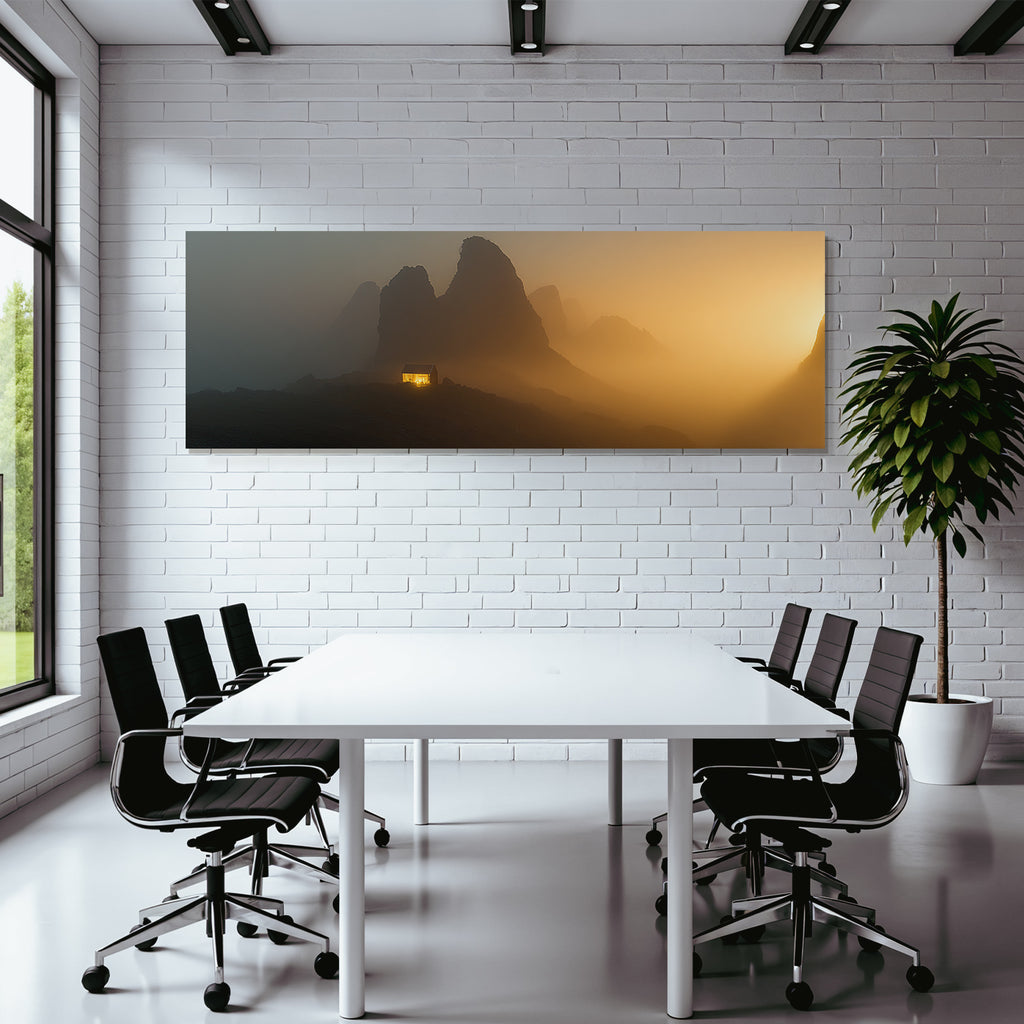 Ruhige Landschaft Mit Huette Und Bergen Im Nebel Goldenes Licht