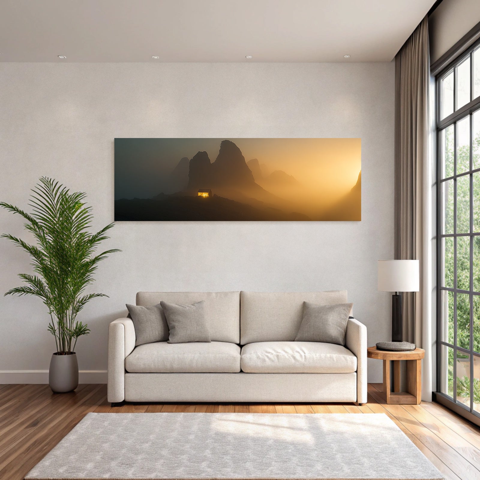 Ruhige Landschaft Mit Huette Und Bergen Im Nebel Goldenes Licht