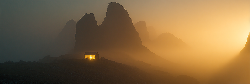 Ruhige Landschaft Mit Huette Und Bergen Im Nebel Goldenes Licht | Klassisch | Einrichtungsstile