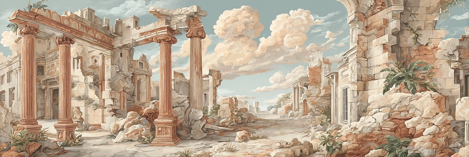 Ruinierte Antike Stadtlandschaft Mit Pflanzen Und Wolken | Klassisch | Einrichtungsstile