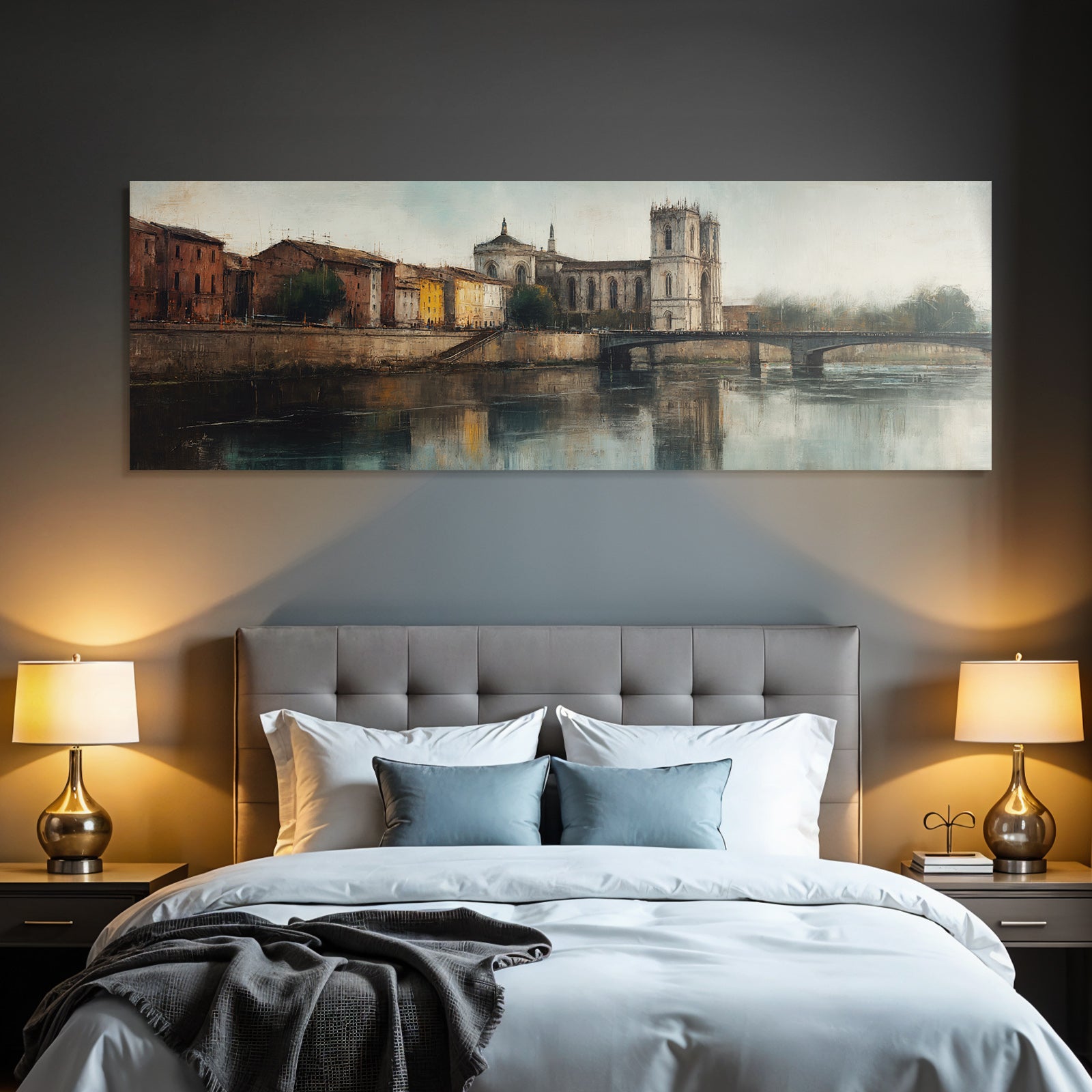 Stadtansicht Fluss Bruecke Kirche Impressionistisch