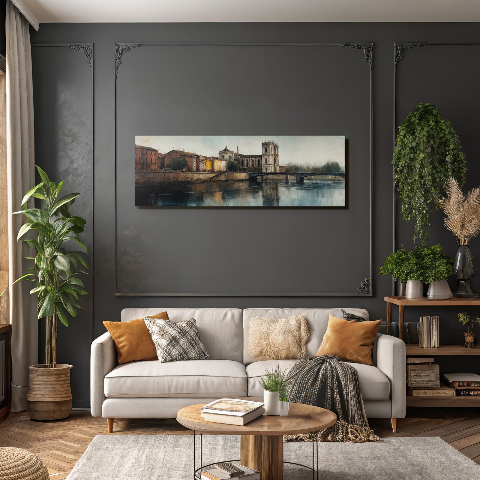 Stadtansicht Fluss Bruecke Kirche Impressionistisch