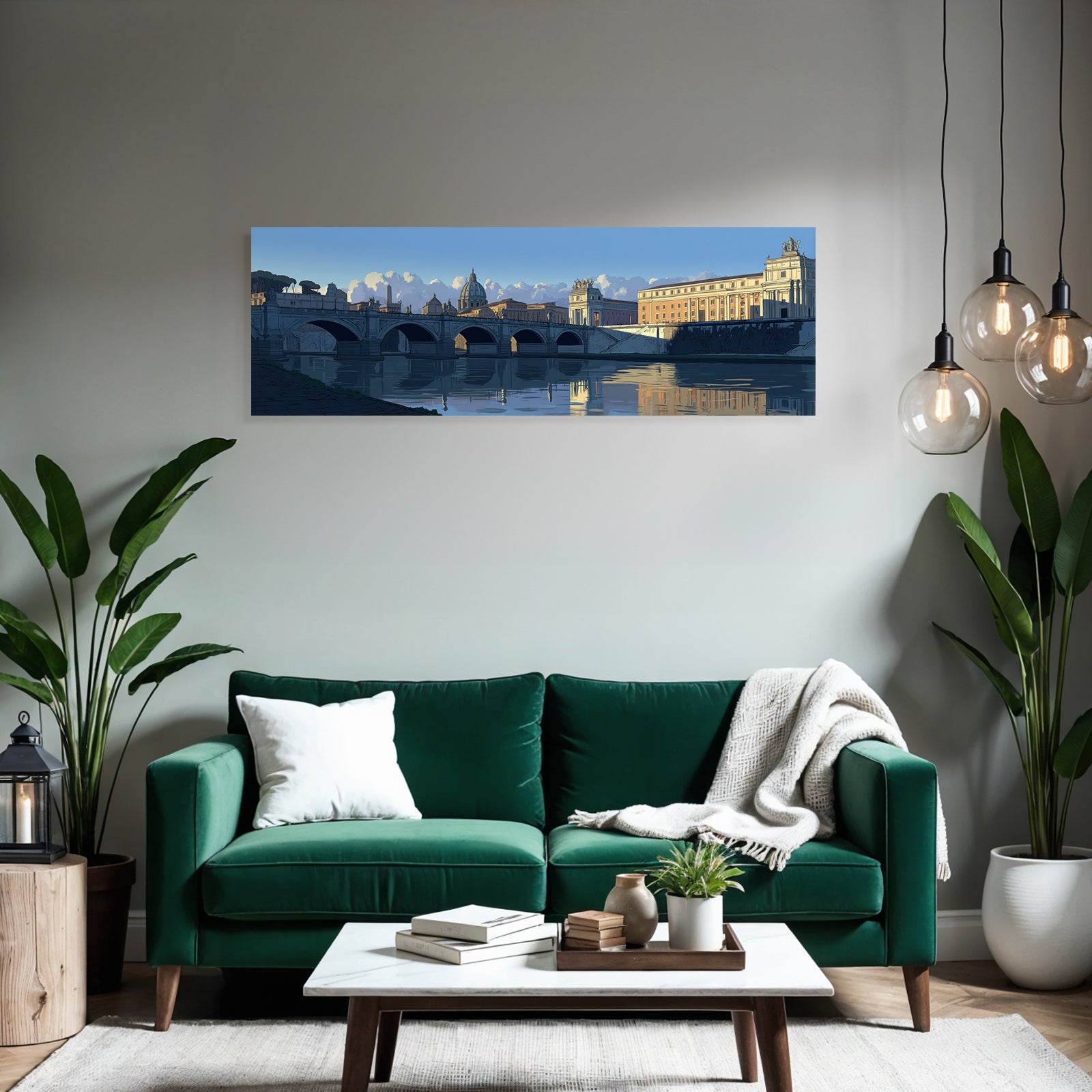 Stilisierte Stadtansicht Mit Bruecke Und Wasser Reflektionen