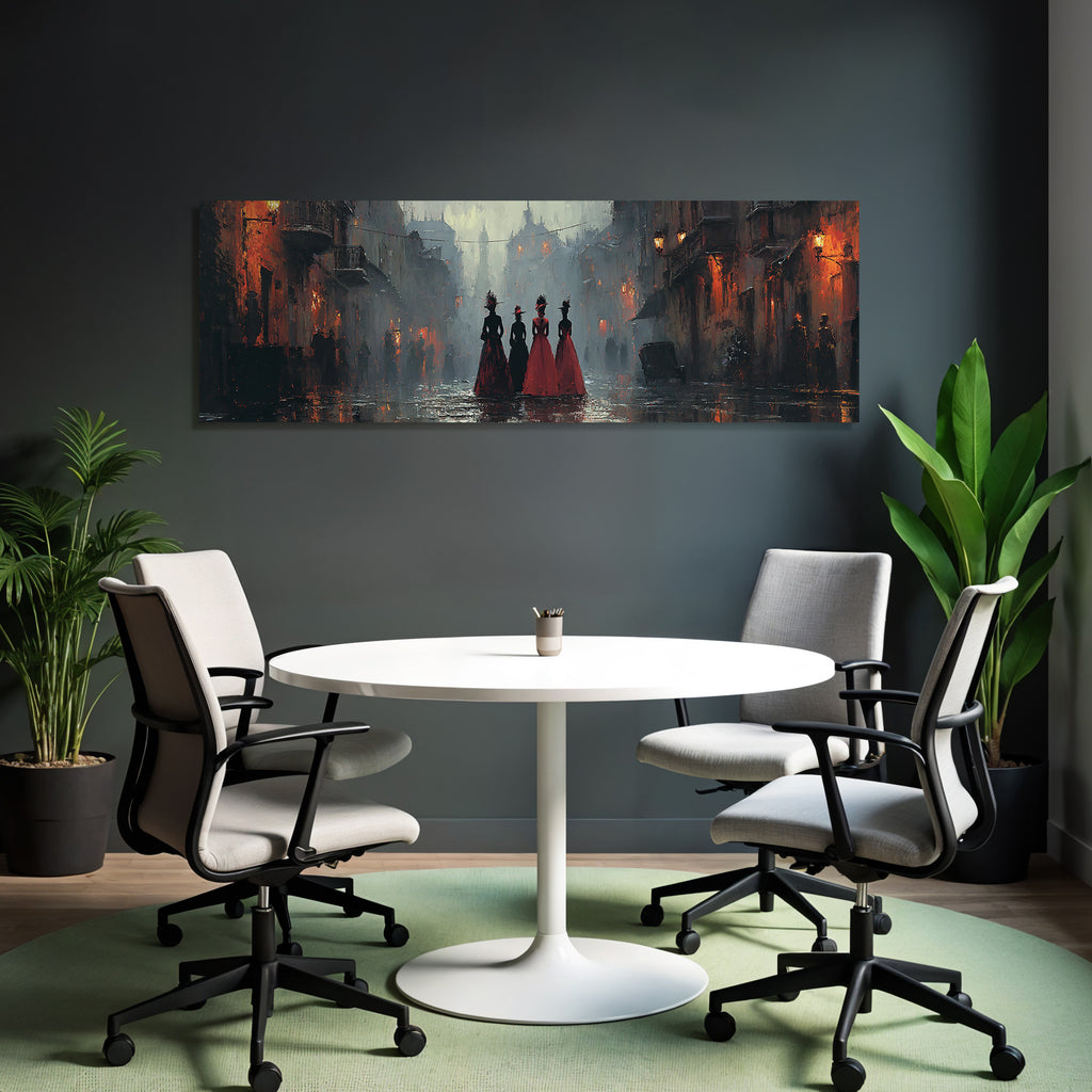 Stimmungsvolle Strassenszene Elegante Kleider Dramatische Farben