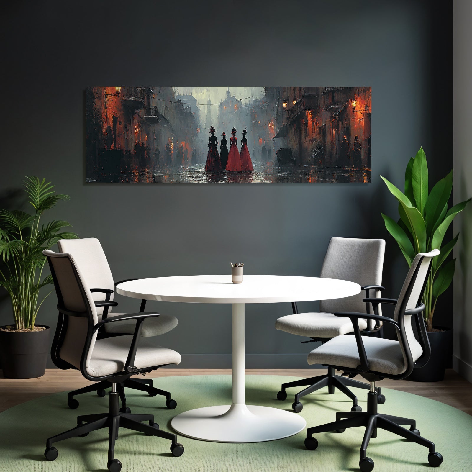 Stimmungsvolle Strassenszene Elegante Kleider Dramatische Farben
