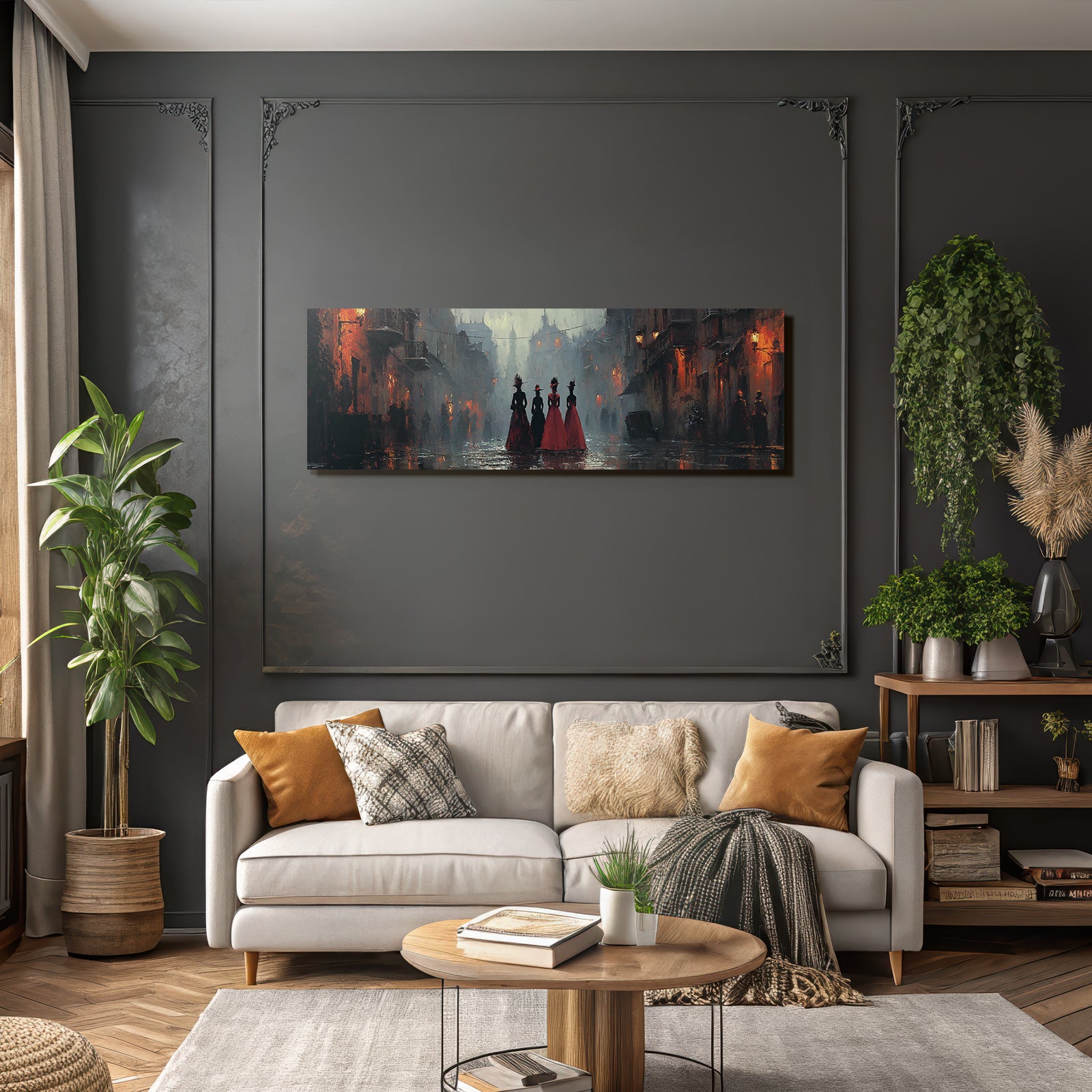 Stimmungsvolle Strassenszene Elegante Kleider Dramatische Farben