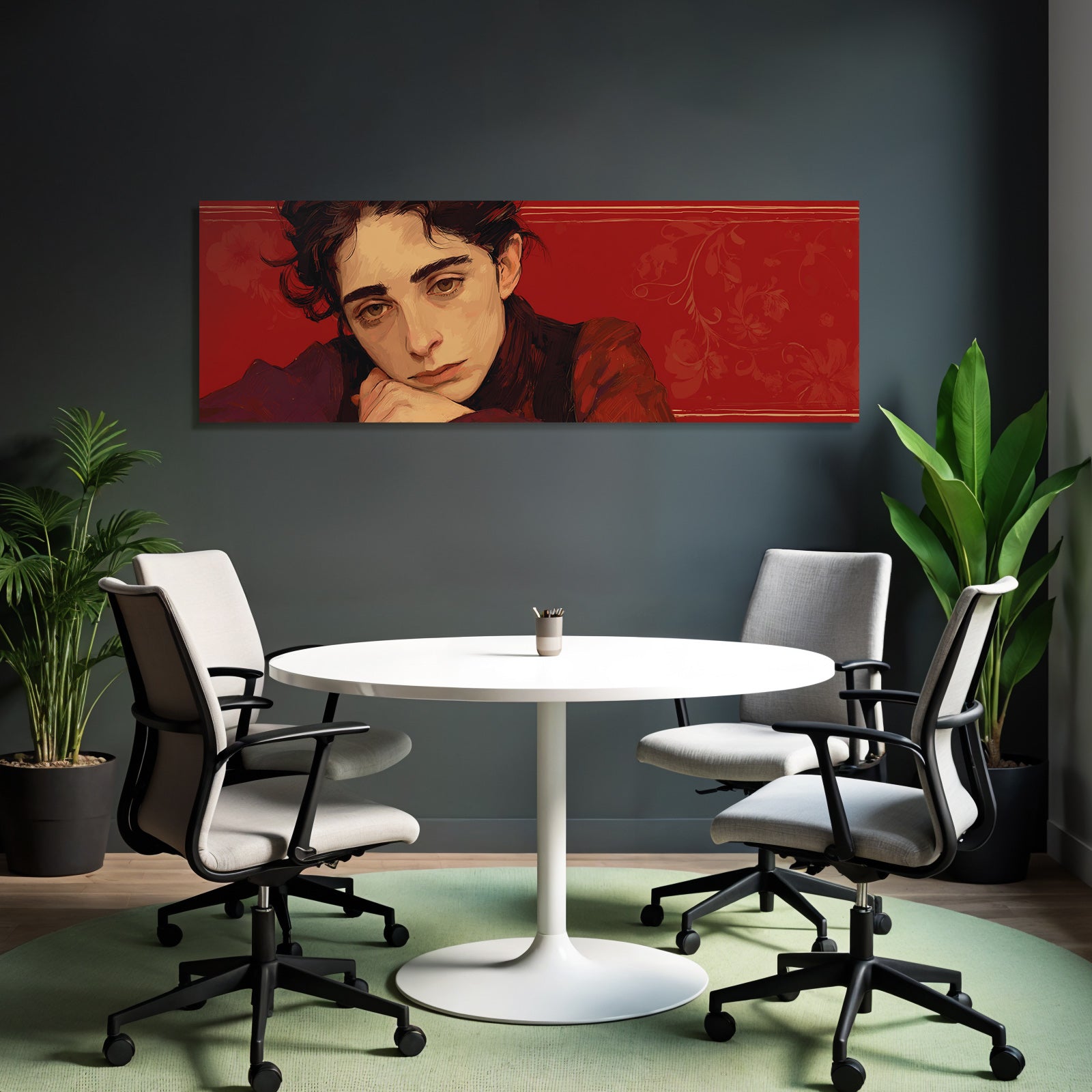 Stylisierte Portrait Einer Person Mit Nachdenklichem Ausdruck Rot Hintergrund Blumenelemente