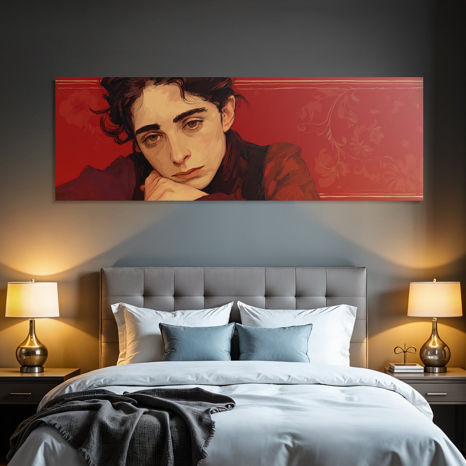 Stylisierte Portrait Einer Person Mit Nachdenklichem Ausdruck Rot Hintergrund Blumenelemente