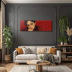 Stylisierte Portrait Einer Person Mit Nachdenklichem Ausdruck Rot Hintergrund Blumenelemente