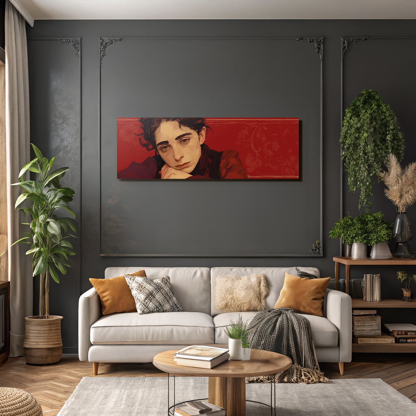 Stylisierte Portrait Einer Person Mit Nachdenklichem Ausdruck Rot Hintergrund Blumenelemente