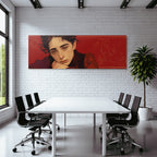 Stylisierte Portrait Einer Person Mit Nachdenklichem Ausdruck Rot Hintergrund Blumenelemente