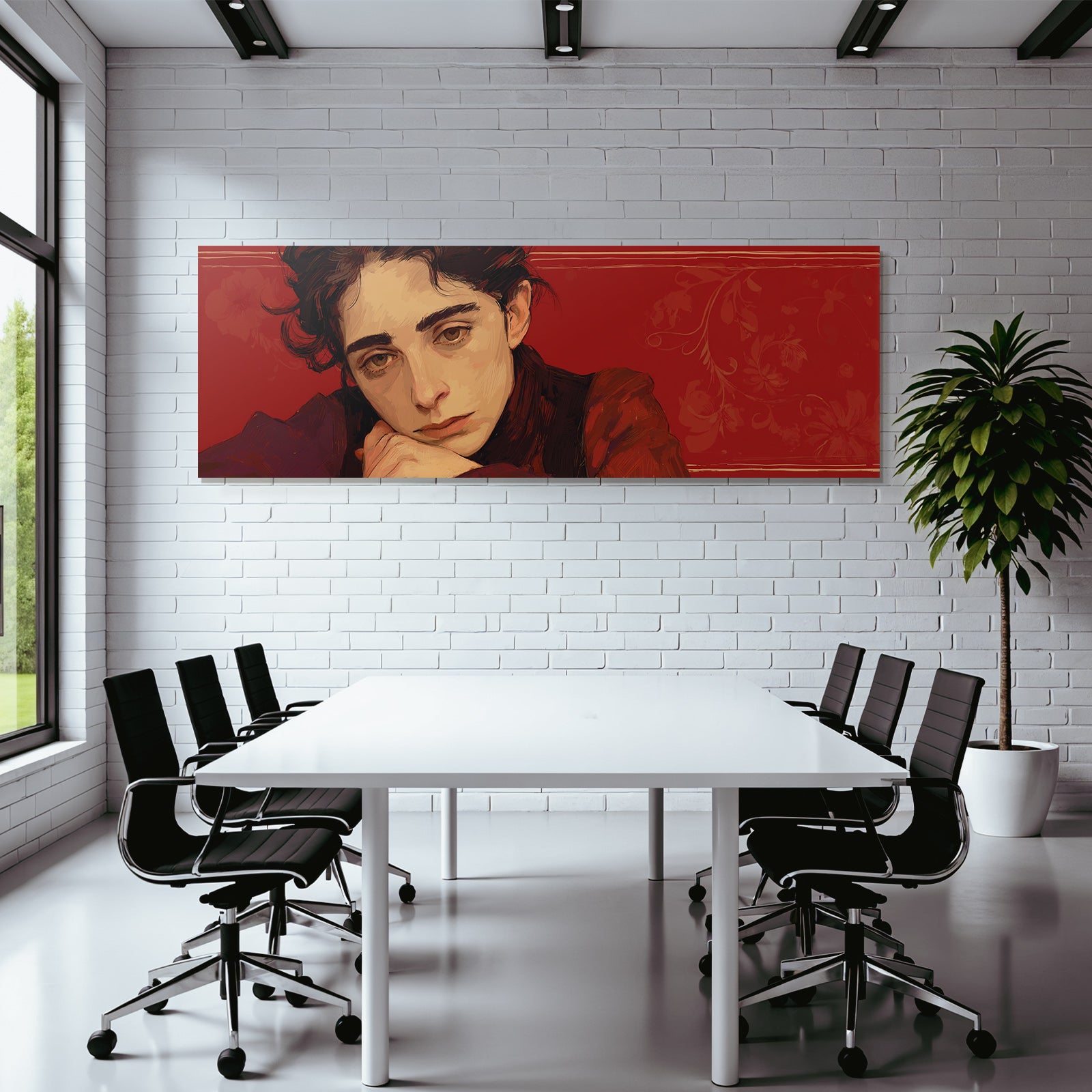 Stylisierte Portrait Einer Person Mit Nachdenklichem Ausdruck Rot Hintergrund Blumenelemente