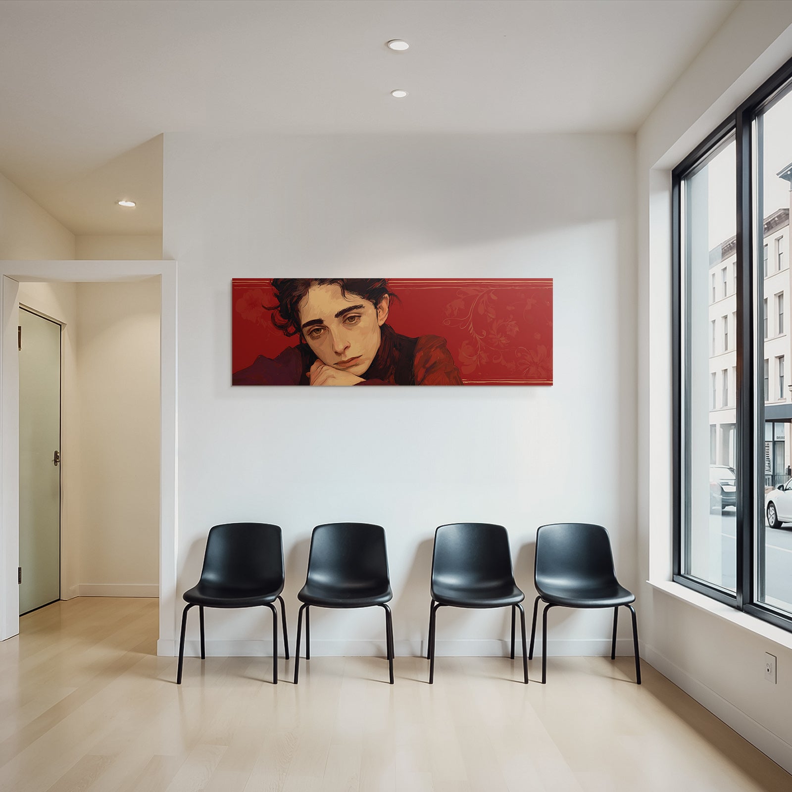 Stylisierte Portrait Einer Person Mit Nachdenklichem Ausdruck Rot Hintergrund Blumenelemente