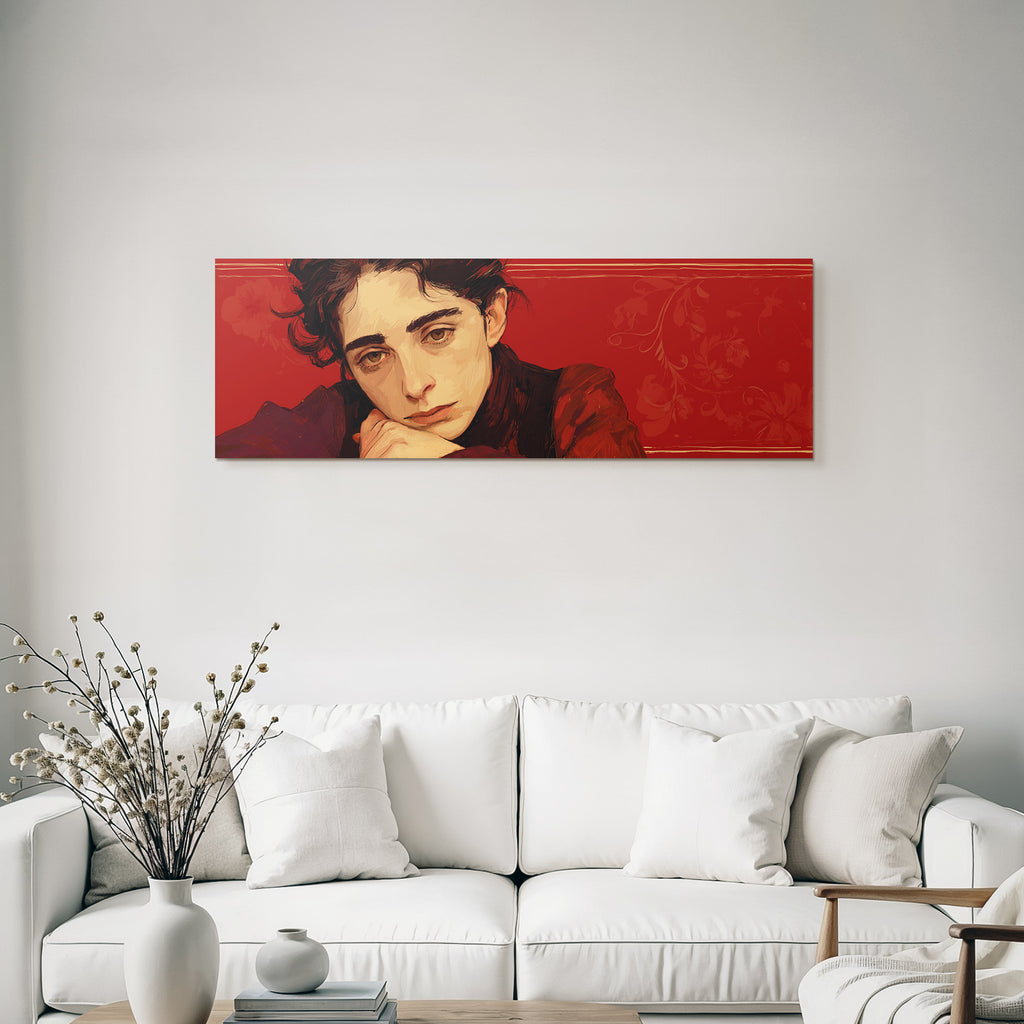 Stylisierte Portrait Einer Person Mit Nachdenklichem Ausdruck Rot Hintergrund Blumenelemente
