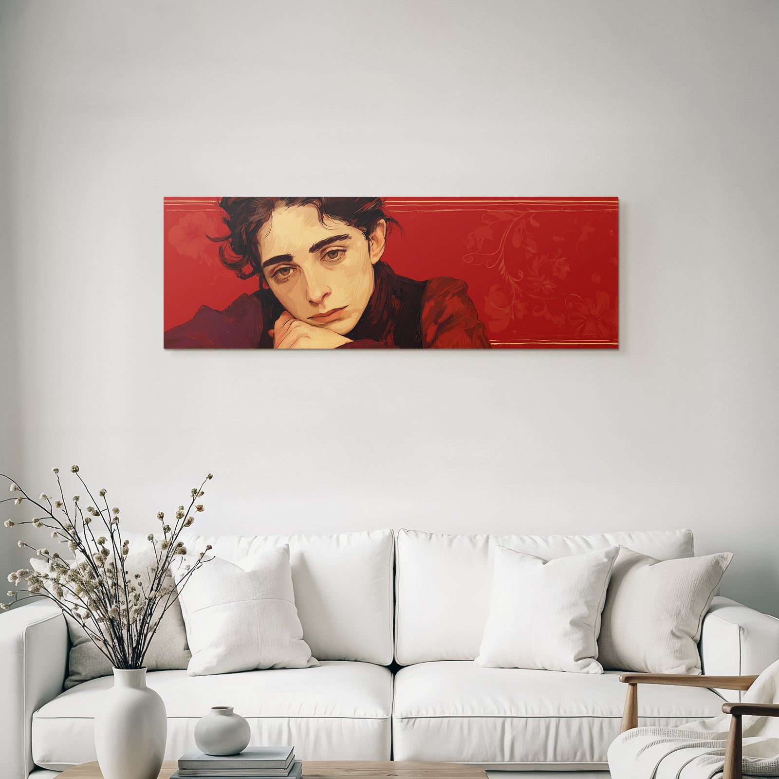 Stylisierte Portrait Einer Person Mit Nachdenklichem Ausdruck Rot Hintergrund Blumenelemente