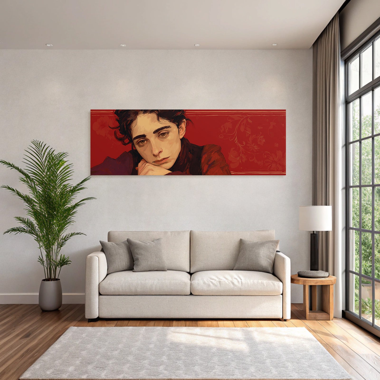 Stylisierte Portrait Einer Person Mit Nachdenklichem Ausdruck Rot Hintergrund Blumenelemente