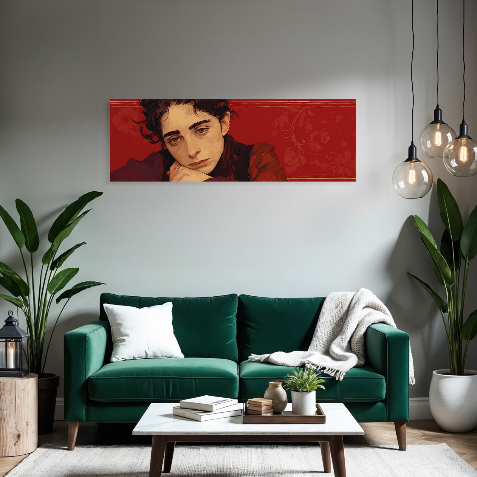 Stylisierte Portrait Einer Person Mit Nachdenklichem Ausdruck Rot Hintergrund Blumenelemente