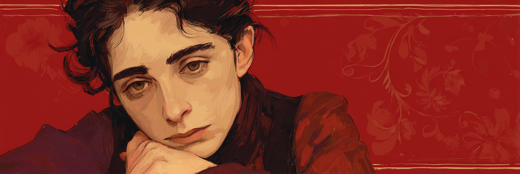 Stylisierte Portrait Einer Person Mit Nachdenklichem Ausdruck Rot Hintergrund Blumenelemente | Klassisch | Einrichtungsstile