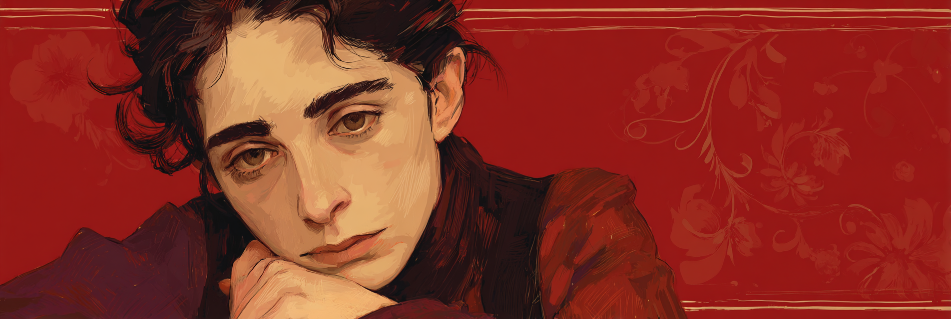Stylisierte Portrait Einer Person Mit Nachdenklichem Ausdruck Rot Hintergrund Blumenelemente | Klassisch | Einrichtungsstile