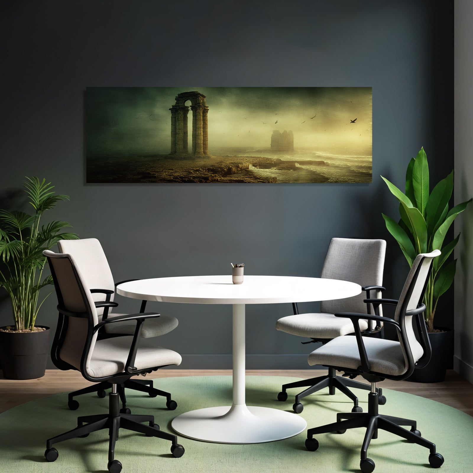 Surreale Landscape Alte Ruinen Stein Pfeiler Neblige Atmosphaere Turbulente Wasser