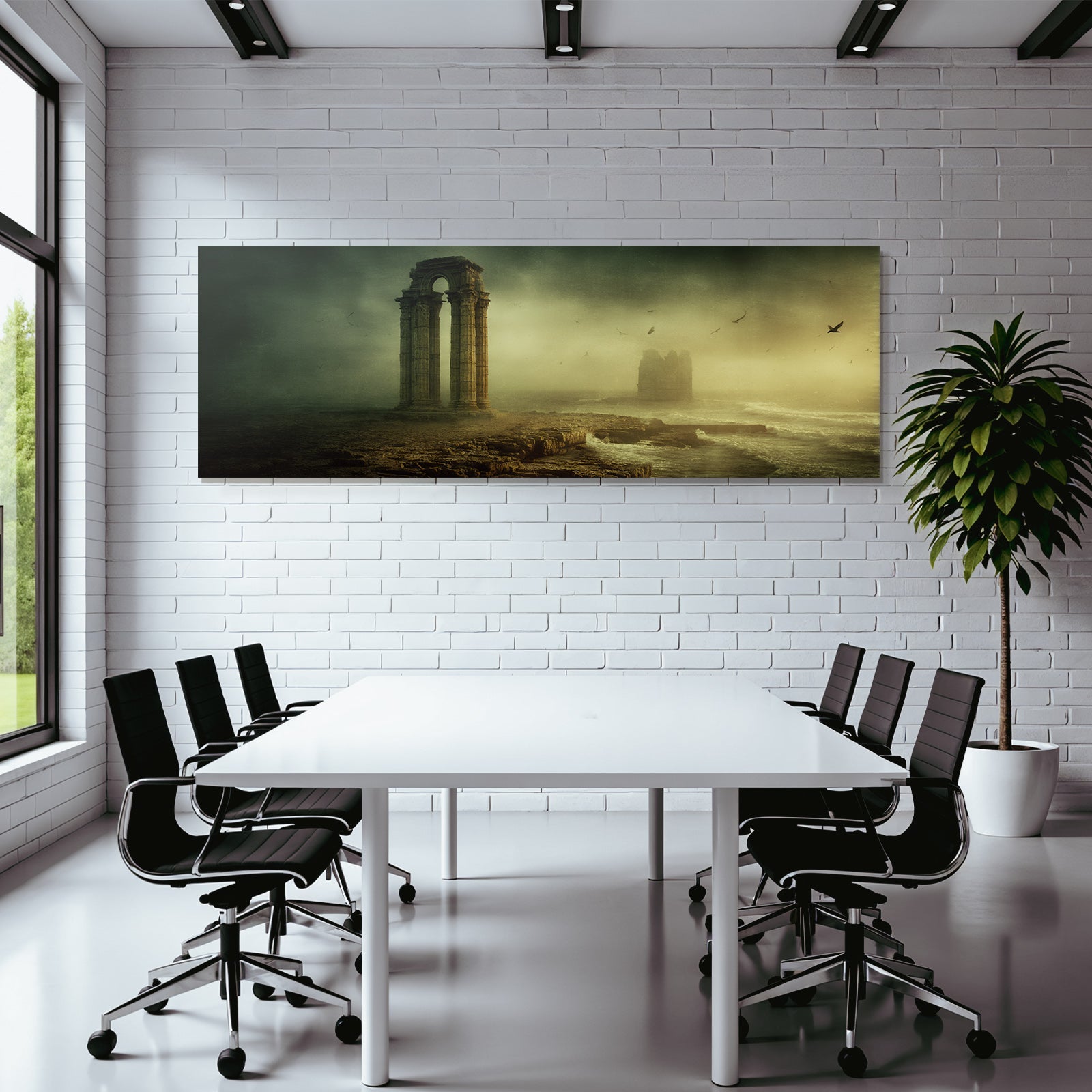 Surreale Landscape Alte Ruinen Stein Pfeiler Neblige Atmosphaere Turbulente Wasser
