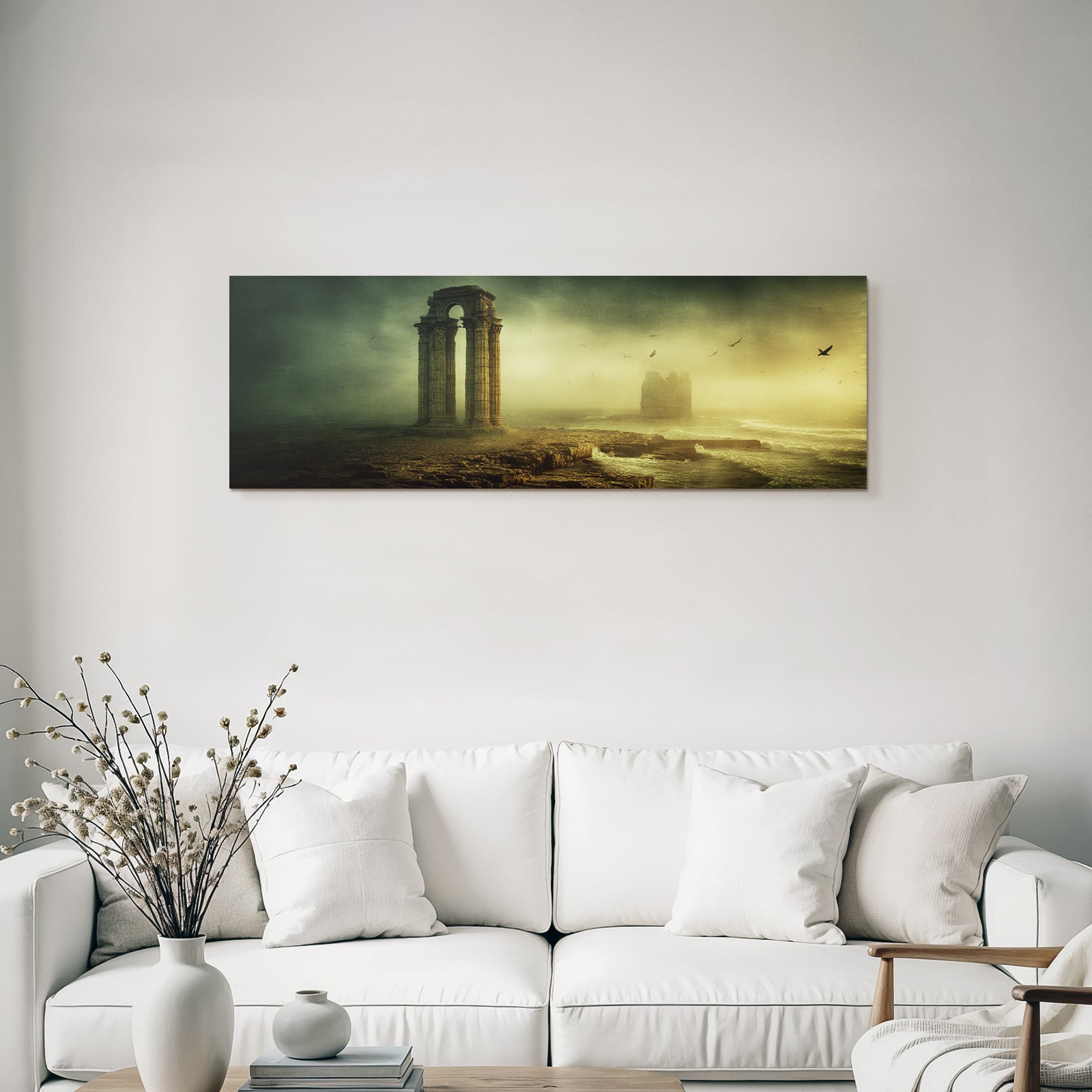 Surreale Landscape Alte Ruinen Stein Pfeiler Neblige Atmosphaere Turbulente Wasser
