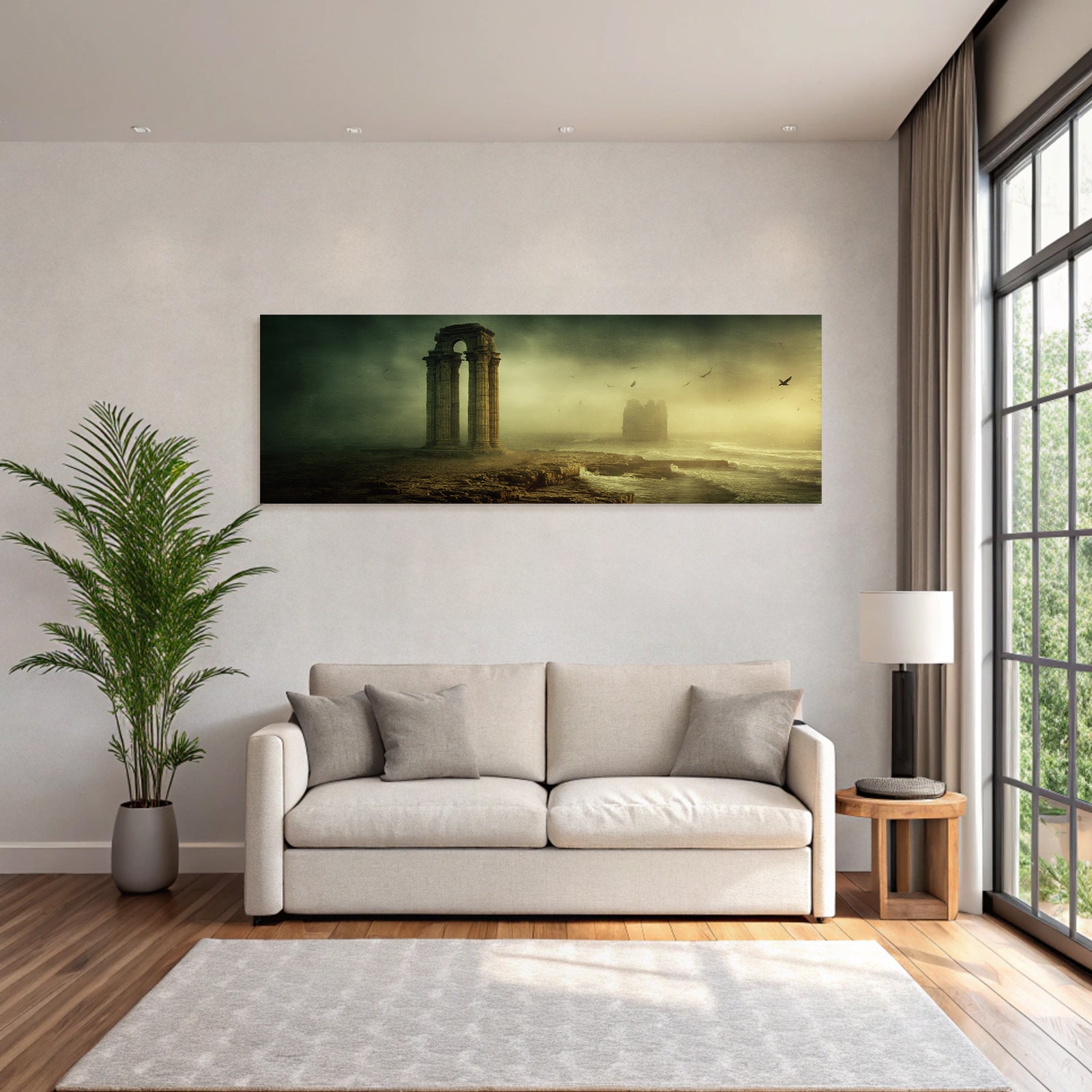 Surreale Landscape Alte Ruinen Stein Pfeiler Neblige Atmosphaere Turbulente Wasser