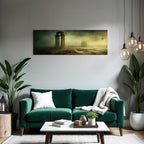 Surreale Landscape Alte Ruinen Stein Pfeiler Neblige Atmosphaere Turbulente Wasser