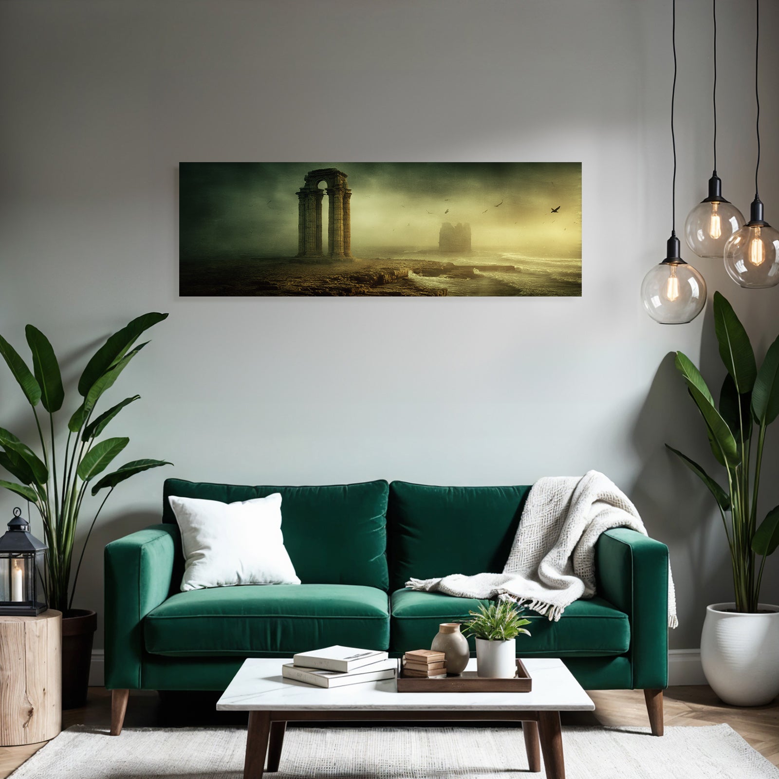Surreale Landscape Alte Ruinen Stein Pfeiler Neblige Atmosphaere Turbulente Wasser