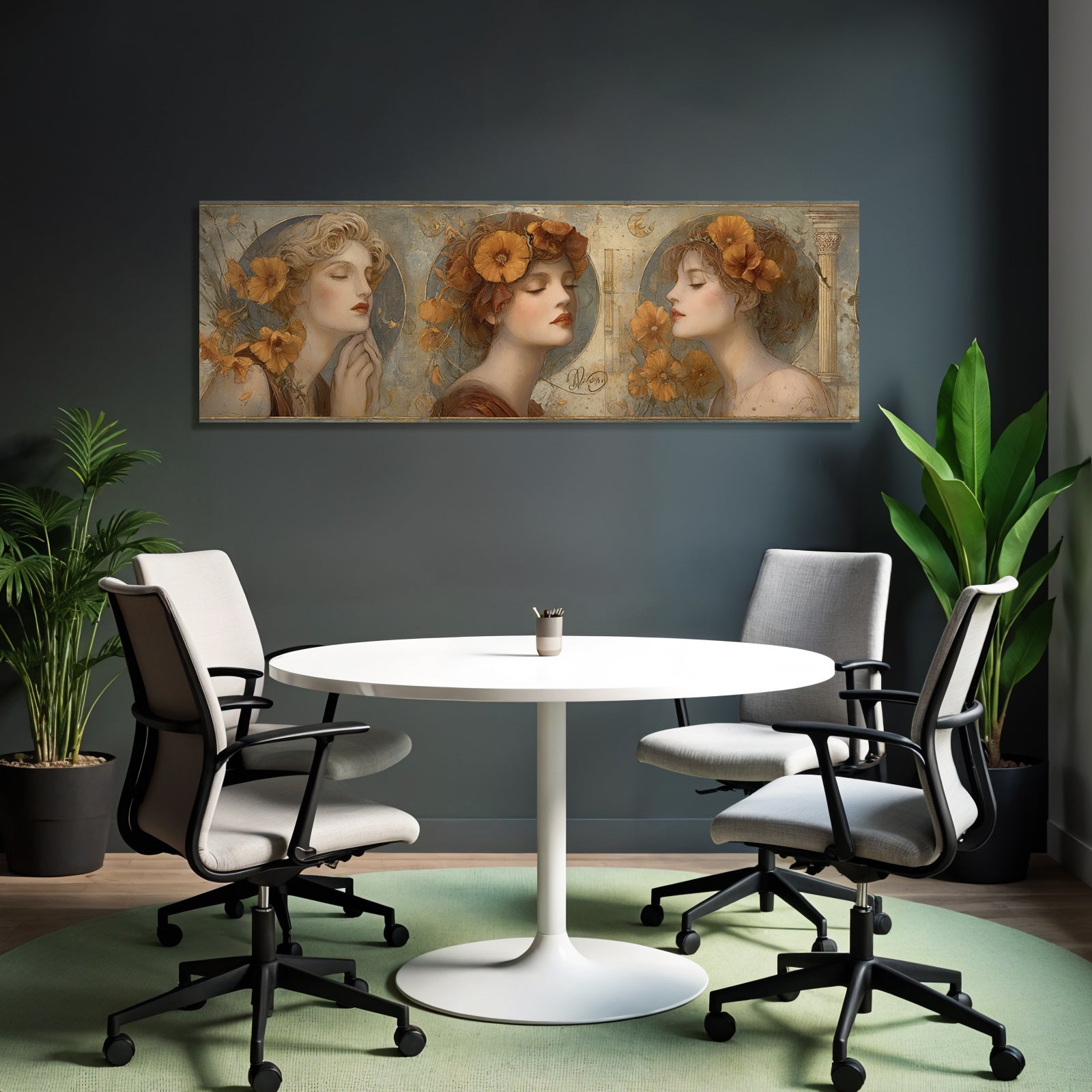 Triptychon Drei Frauen Mit Orangen Poppies Kunst Nouveau