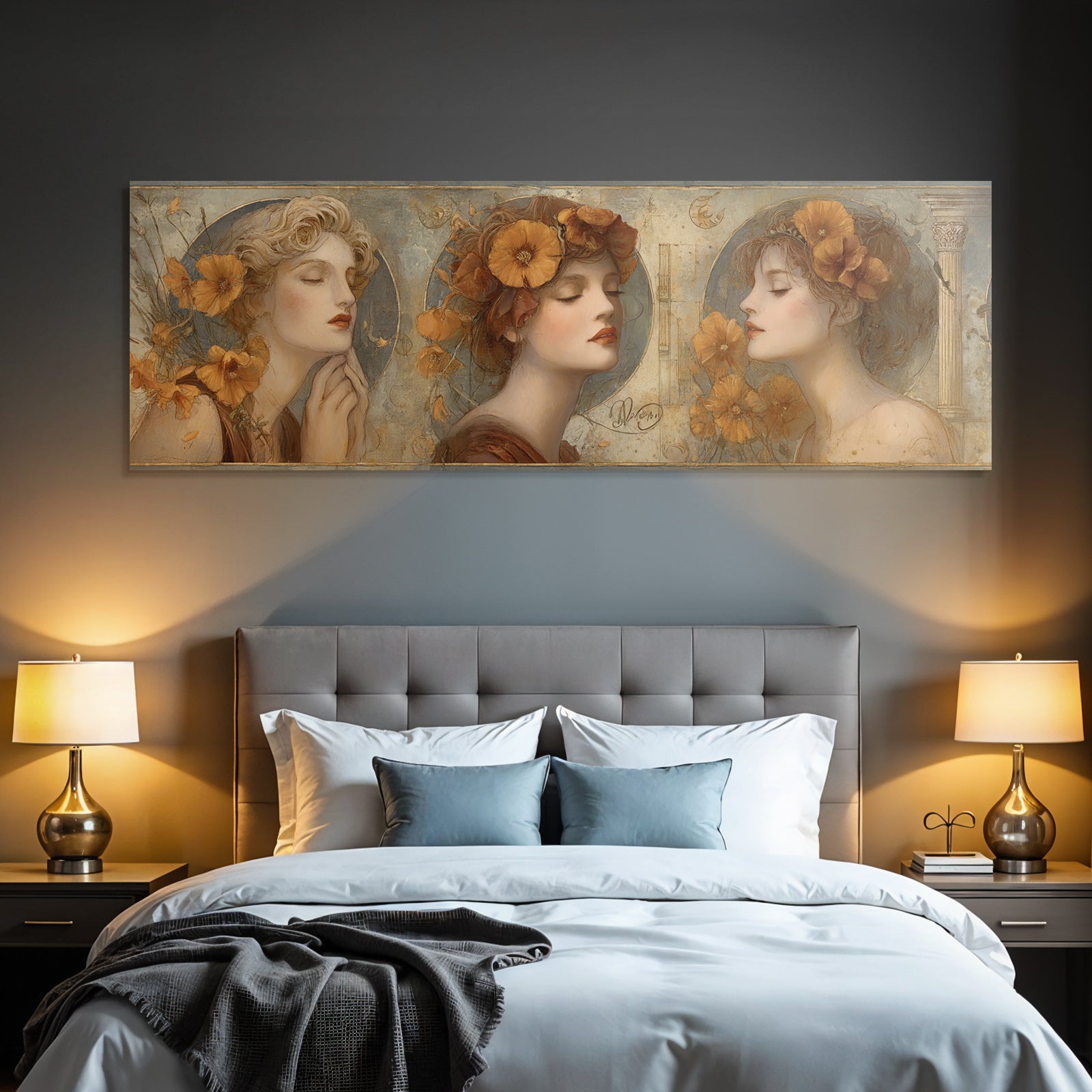 Triptychon Drei Frauen Mit Orangen Poppies Kunst Nouveau