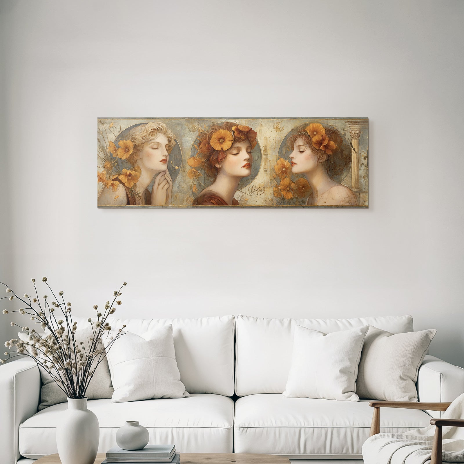 Triptychon Drei Frauen Mit Orangen Poppies Kunst Nouveau